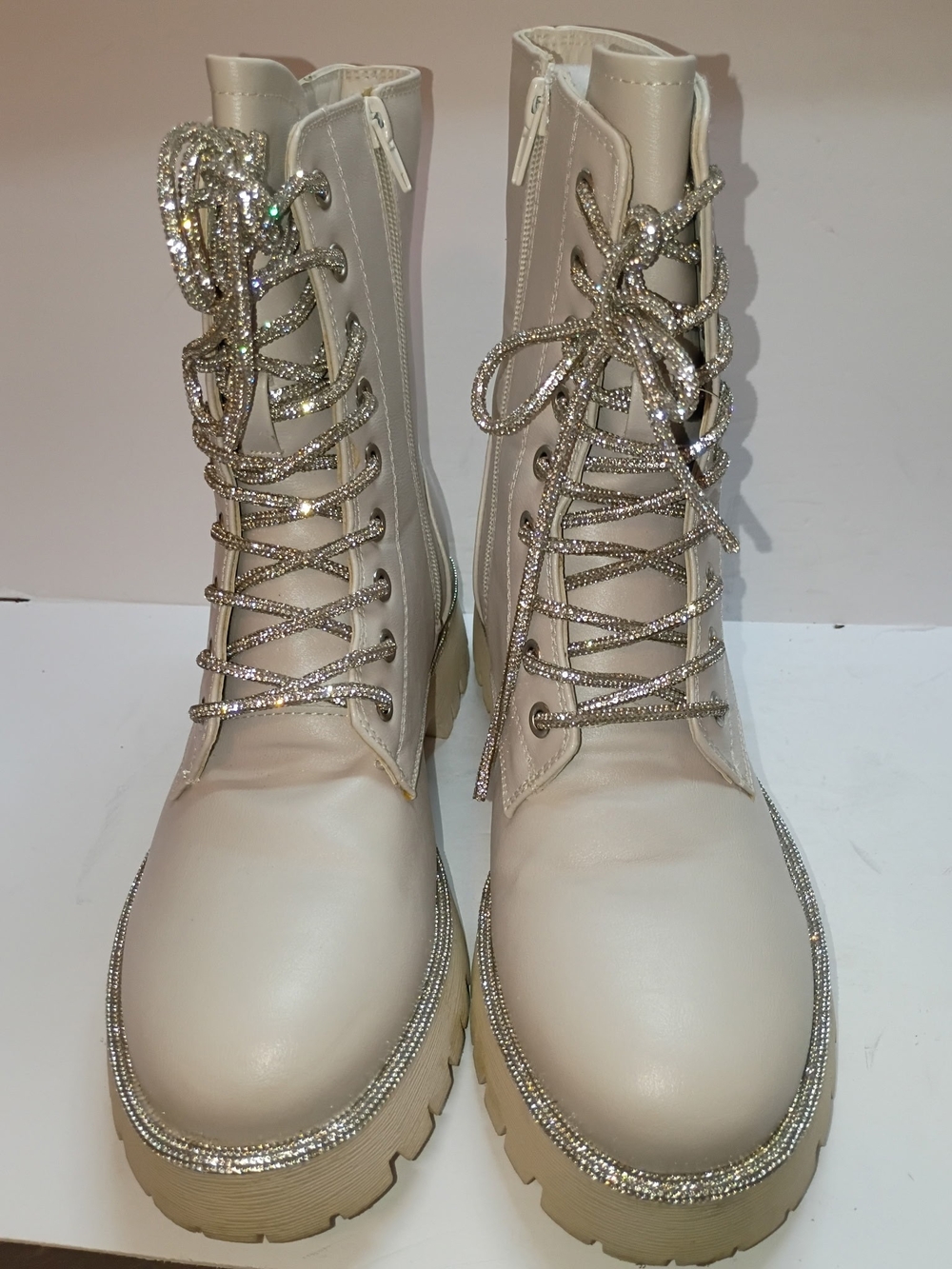 Bamboo Hutch-74 Chunky Ankle Boots Women 9 Beige Faux Leather Rhinestone Laces